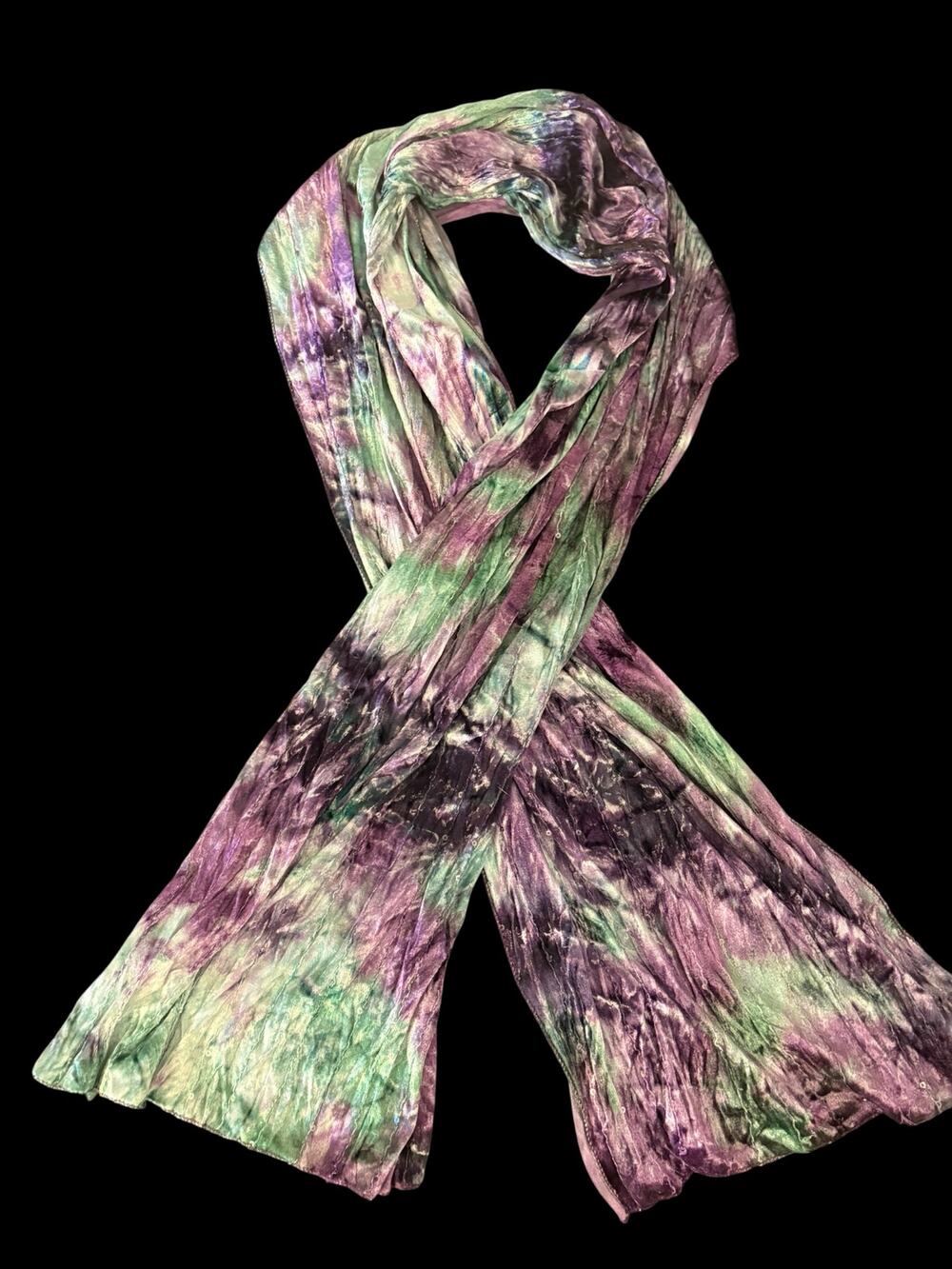 Woman’s Rectangle Tie Dye Scarf Purple Teal Green With Sequins Bohemian